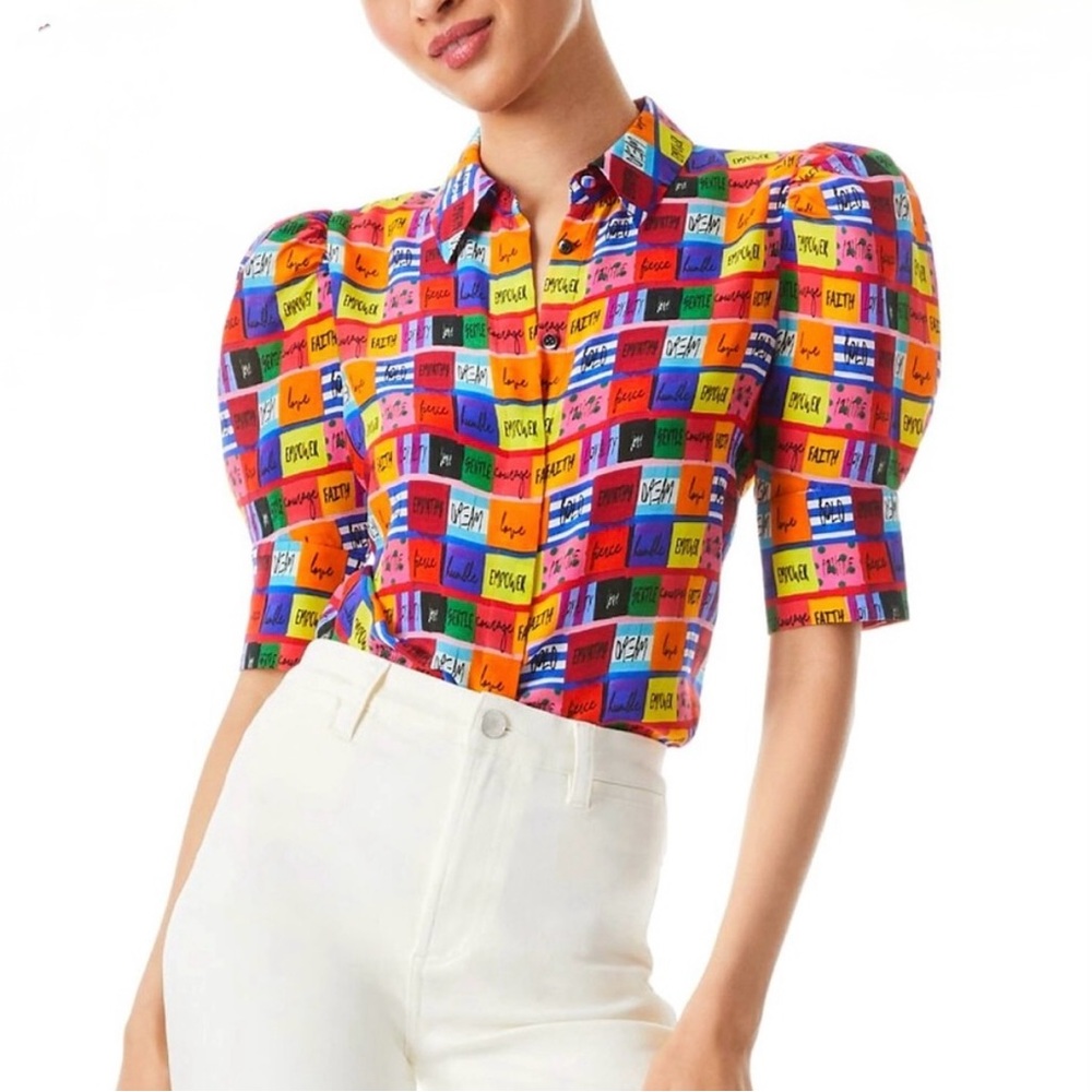 NWT! Alice + Olivia Willa Multicolored Love Patch Puff Sleeve Placket Top Blouse